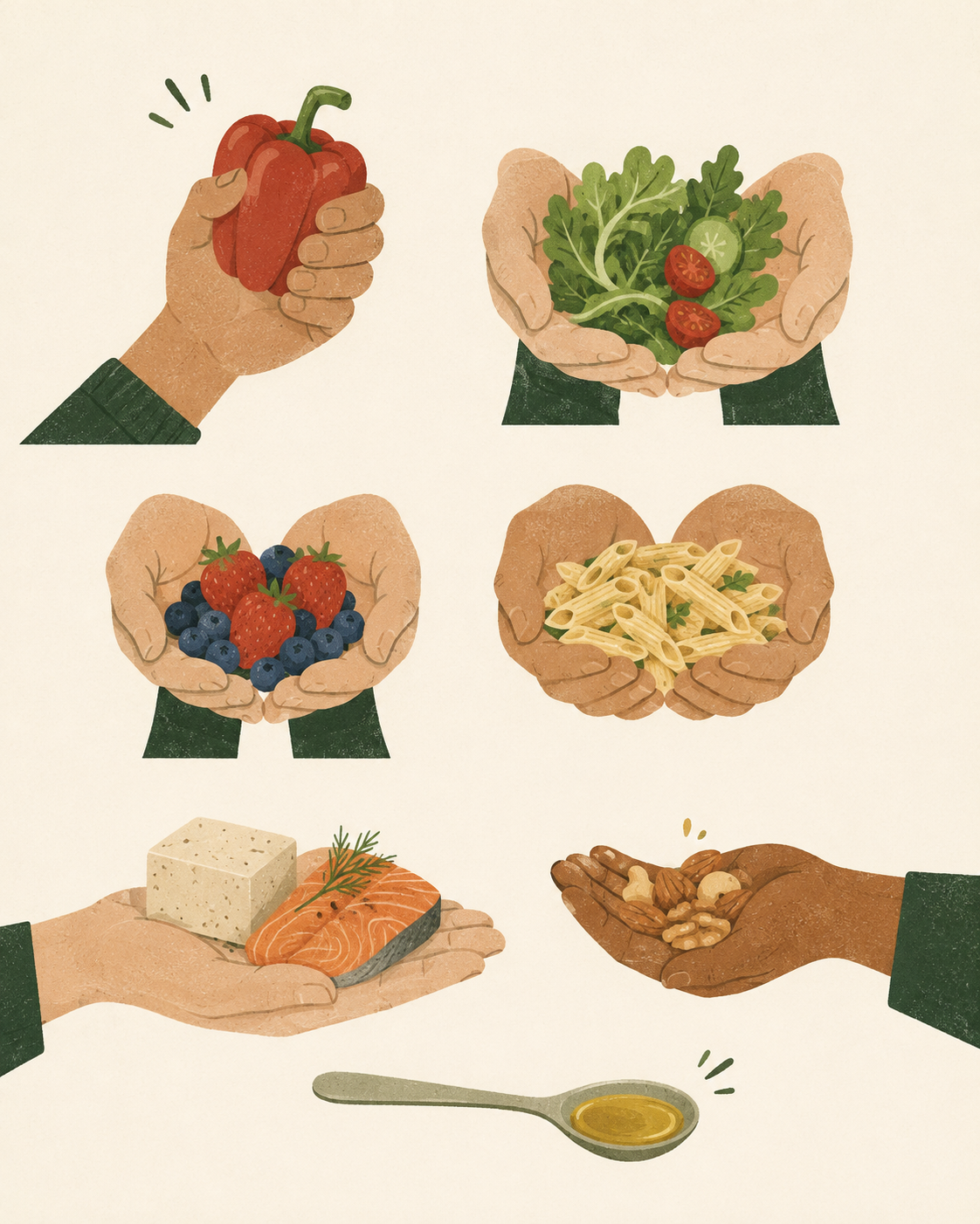 Portionsgrößen mit der Hand für Gemüse, Beilagen, Nüsse und Proteinquellen bestimmen