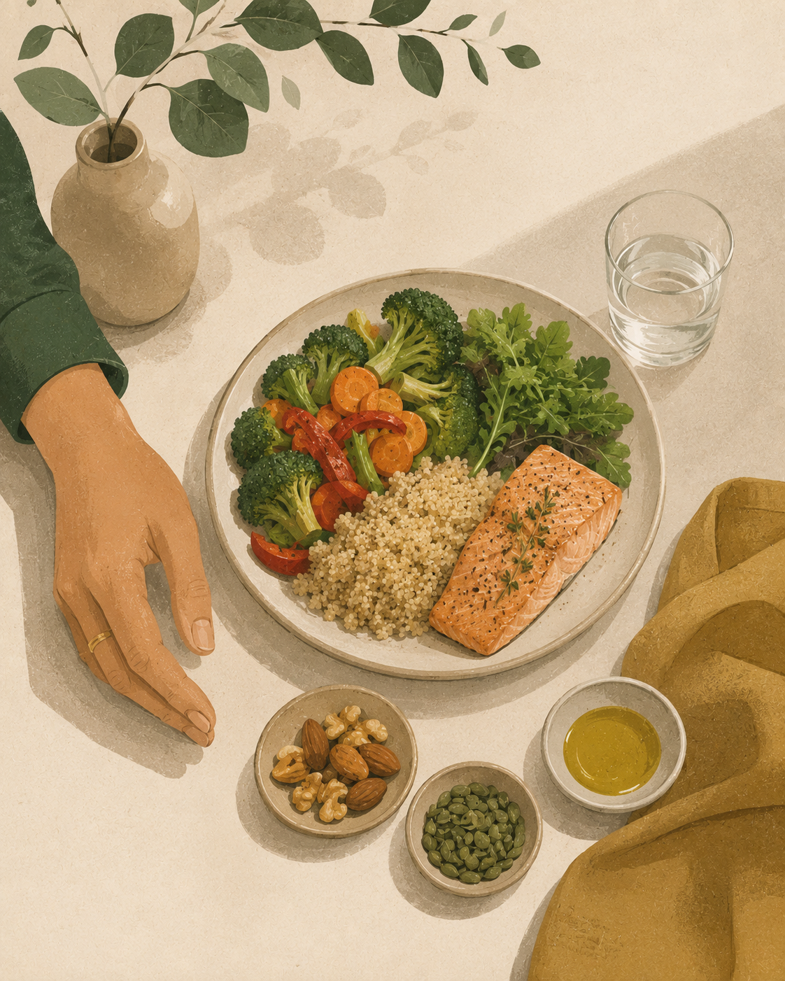 Ausgewogene Mahlzeit mit verschiedenen Lebensmitteln zur Orientierung bei Portionsgrößen